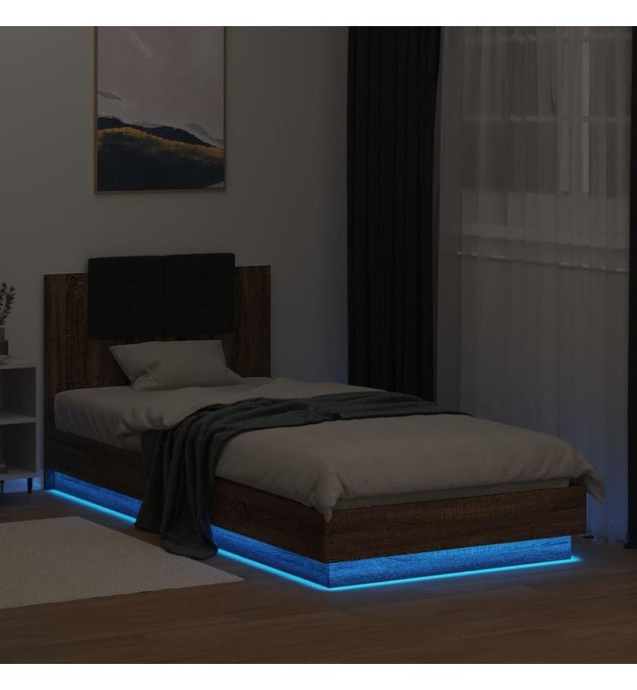 Cadre de lit tête de lit et lumières LED chêne marron 90x200 cm