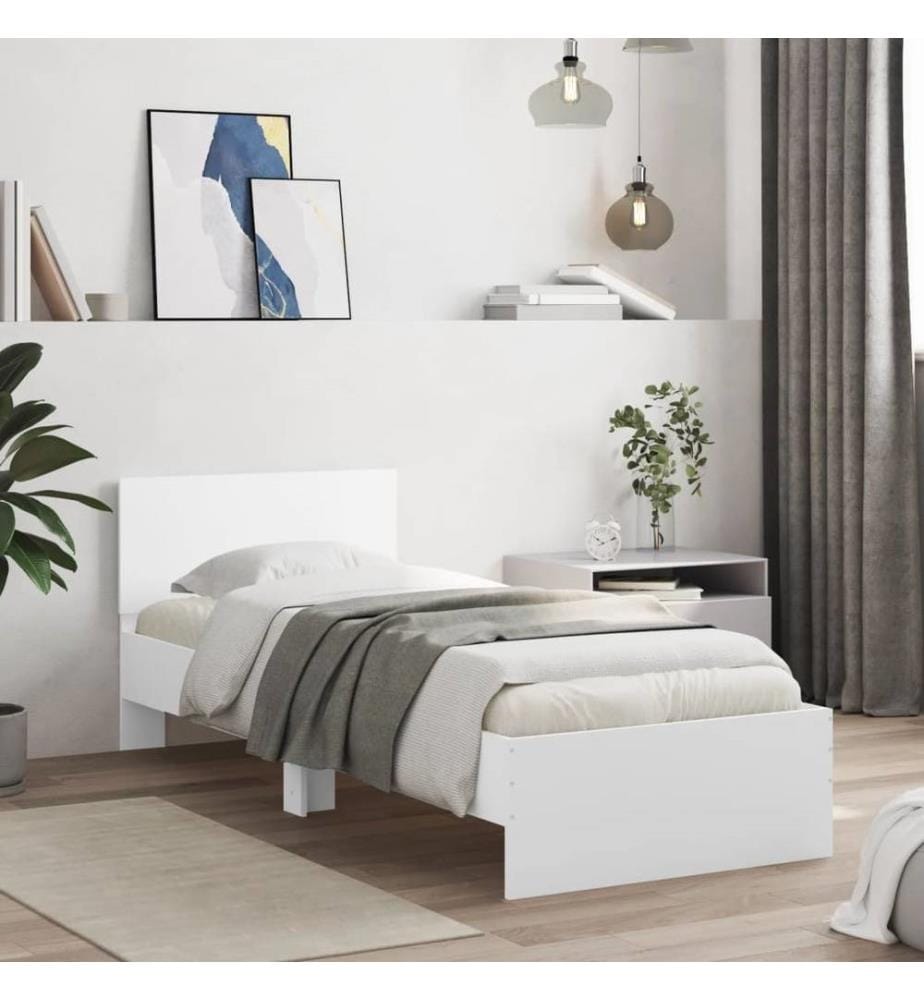 Cadre de lit avec tête de lit et lumières LED blanc 90x190 cm