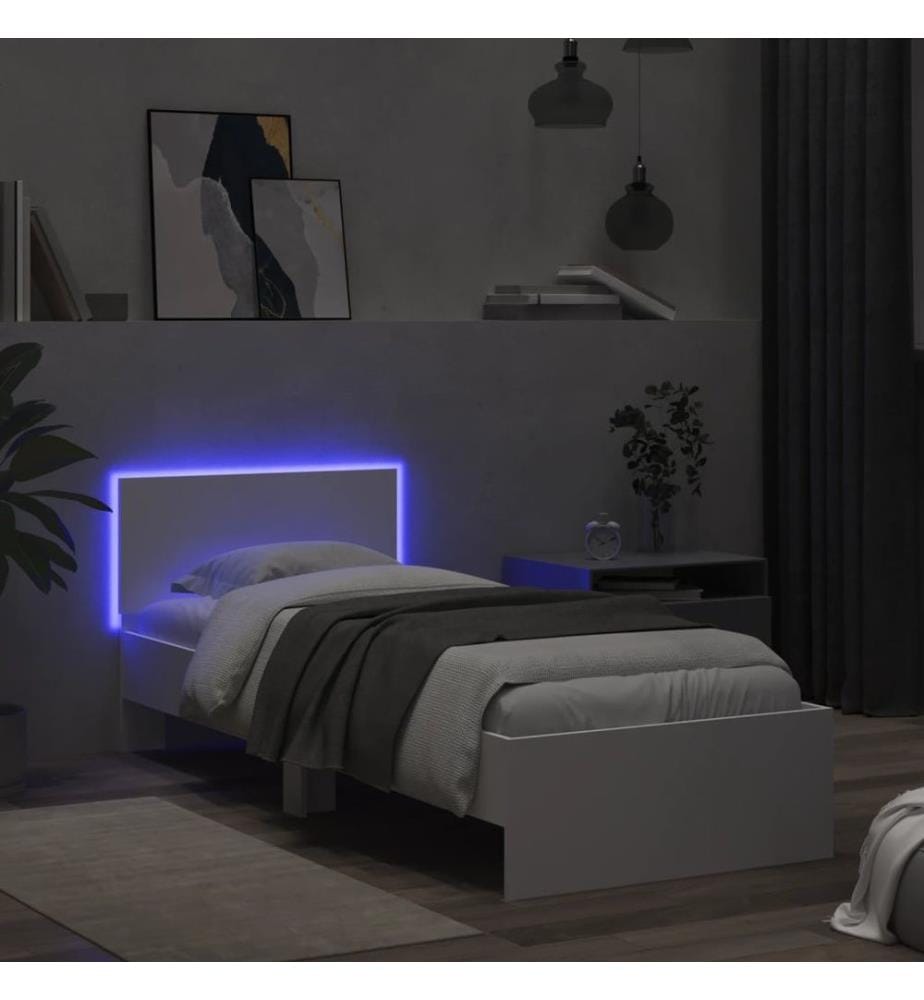 Cadre de lit avec tête de lit et lumières LED blanc 90x190 cm