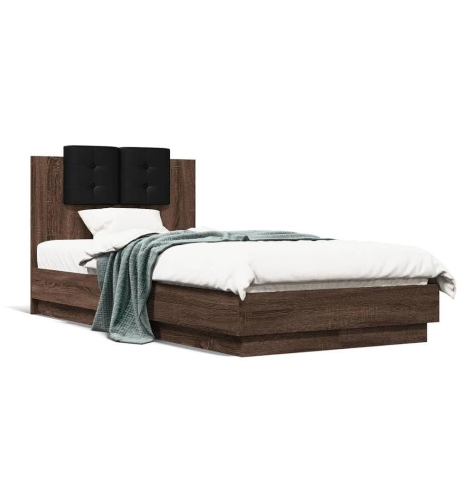 Cadre de lit tête de lit et lumières LED chêne marron 90x190 cm