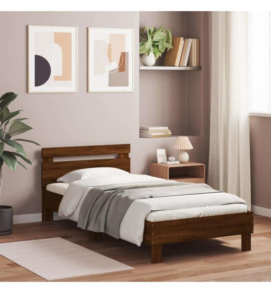 Bettgestell mit Kopfteil und LED-Leuchten Braun Eiche 100x200cm