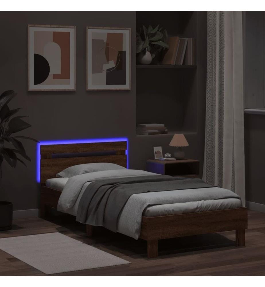 Bettgestell mit Kopfteil und LED-Leuchten Braun Eiche 100x200cm
