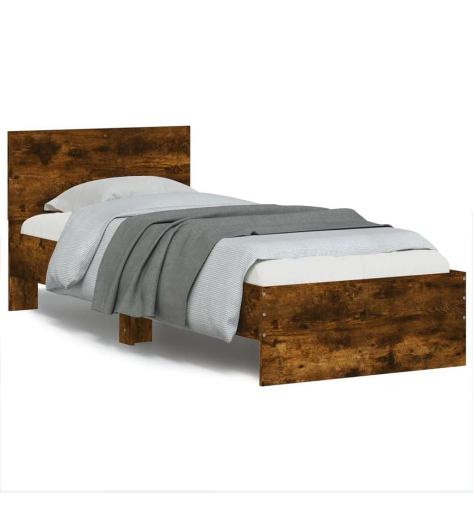Cadre de lit tête de lit et lumières LED chêne fumé 90x190 cm