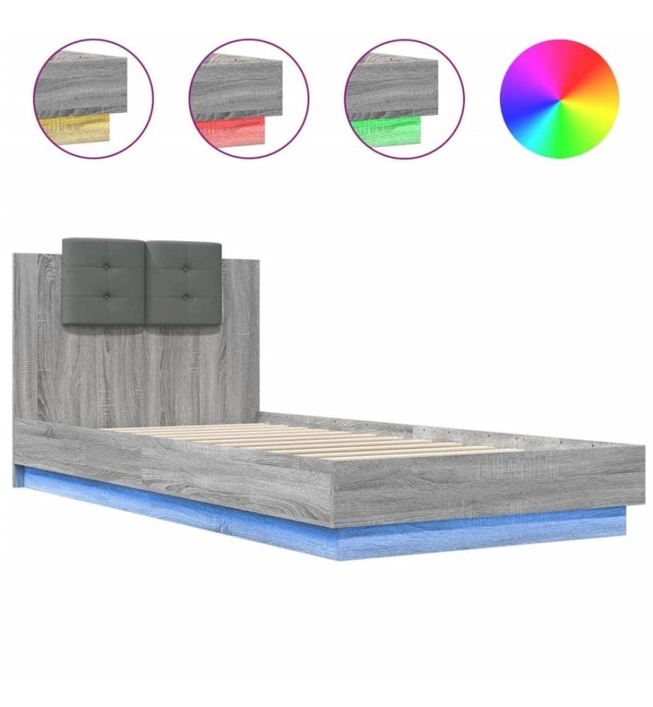 Bettgestell mit Kopfteil und LED-Leuchten Grau Sonoma 90x200 cm