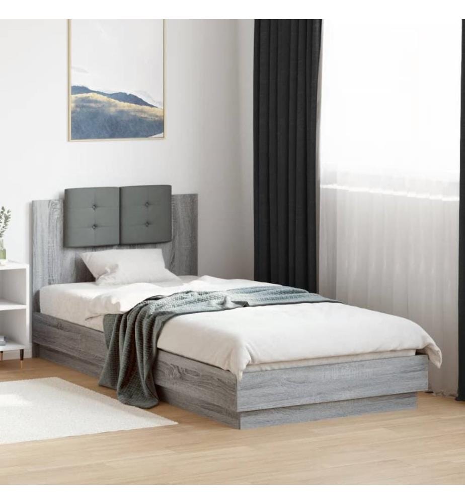 Bettgestell mit Kopfteil und LED-Leuchten Grau Sonoma 90x200 cm