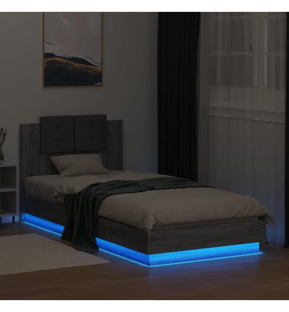 Bettgestell mit Kopfteil und LED-Leuchten Grau Sonoma 90x200 cm
