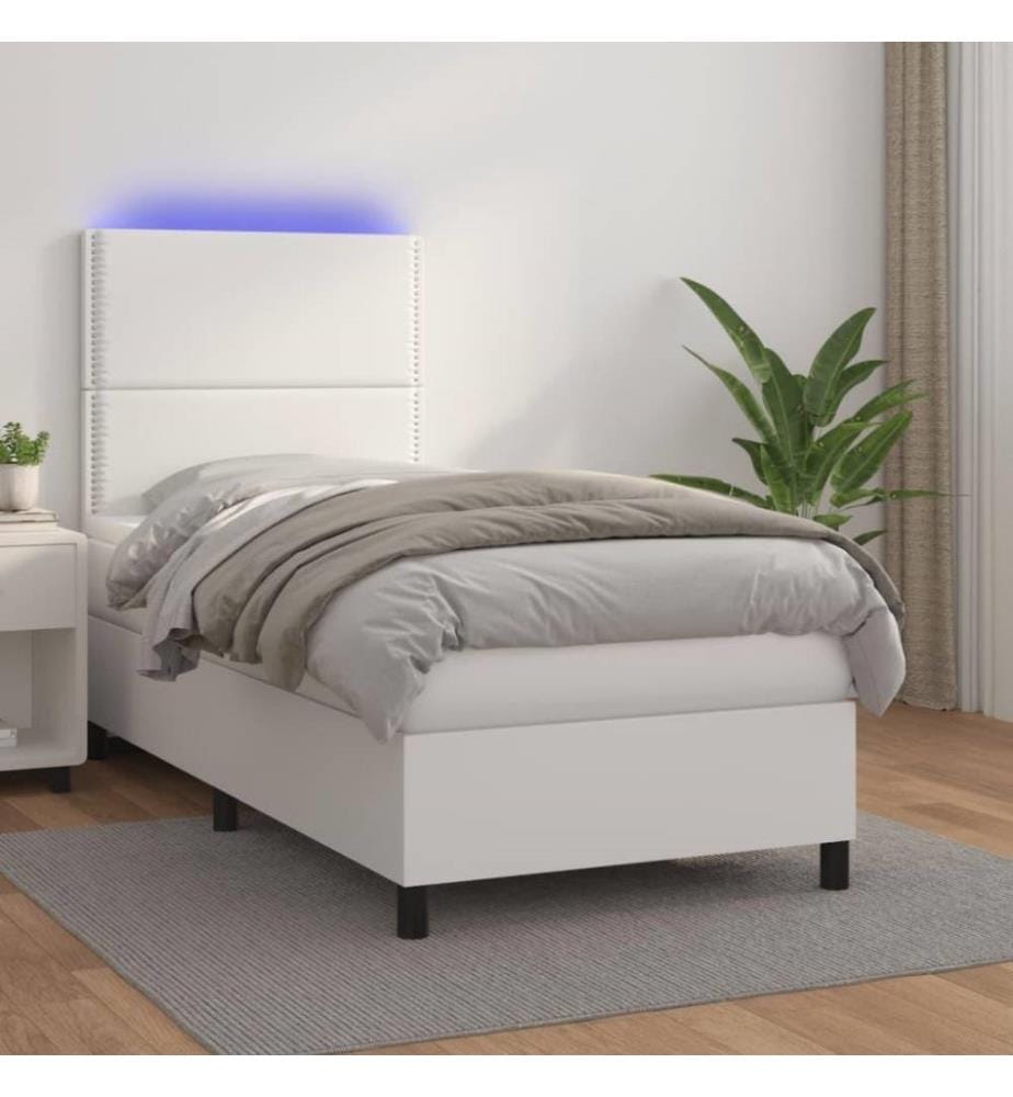 Boxspringbett mit Matratze & LED Weiss 90x190 cm Kunstleder