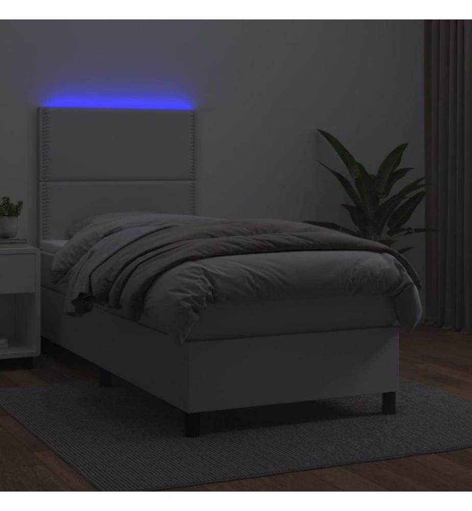 Boxspringbett mit Matratze & LED Weiss 100x200 cm Kunstleder