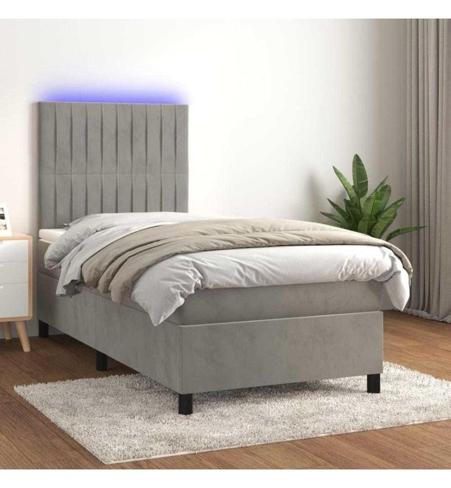 Boxspringbett mit Matratze & LED Hellgrau 90x190 cm Samt