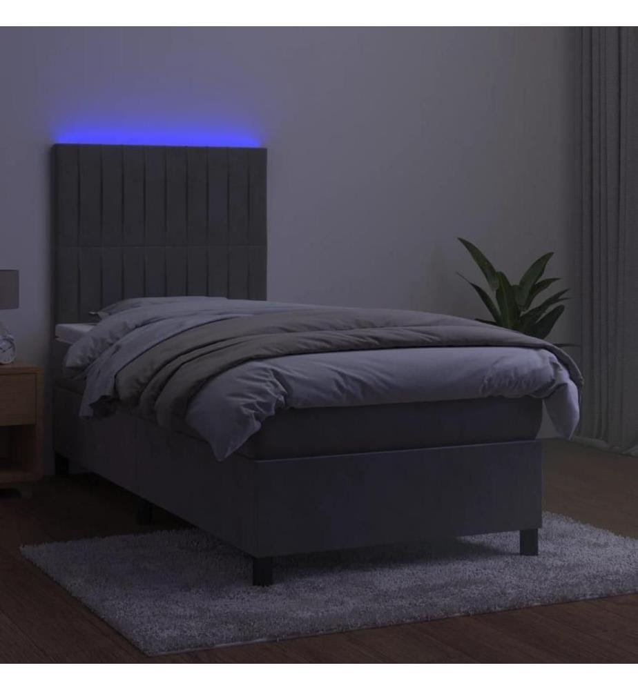 Boxspringbett mit Matratze & LED Hellgrau 90x190 cm Samt