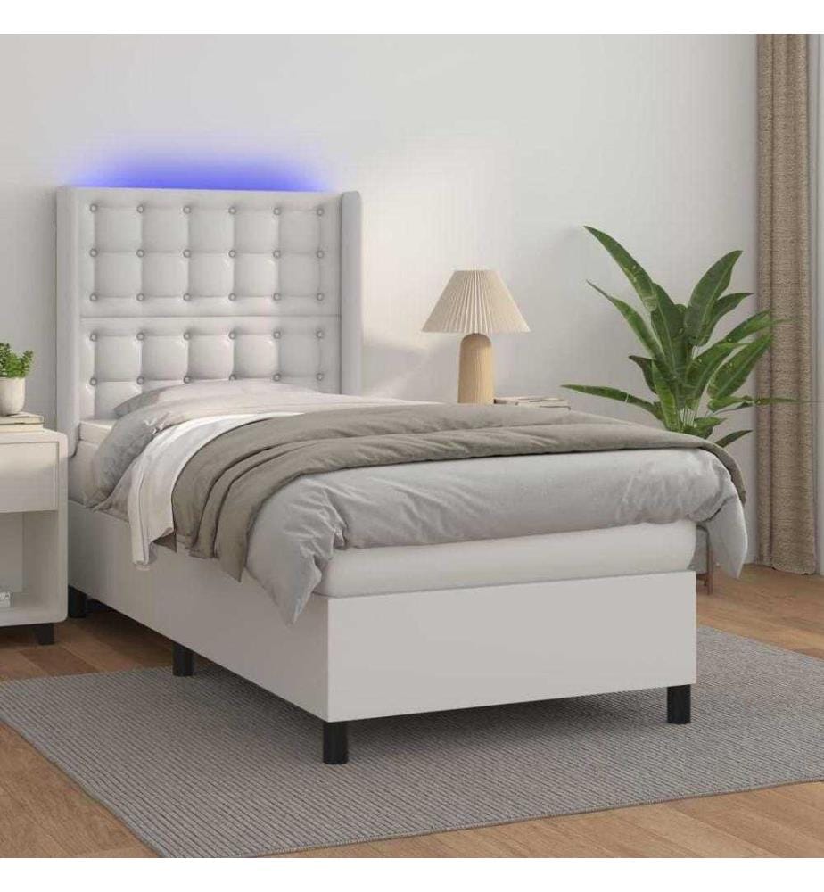 Boxspringbett mit Matratze & LED Weiss 90x200 cm Kunstleder