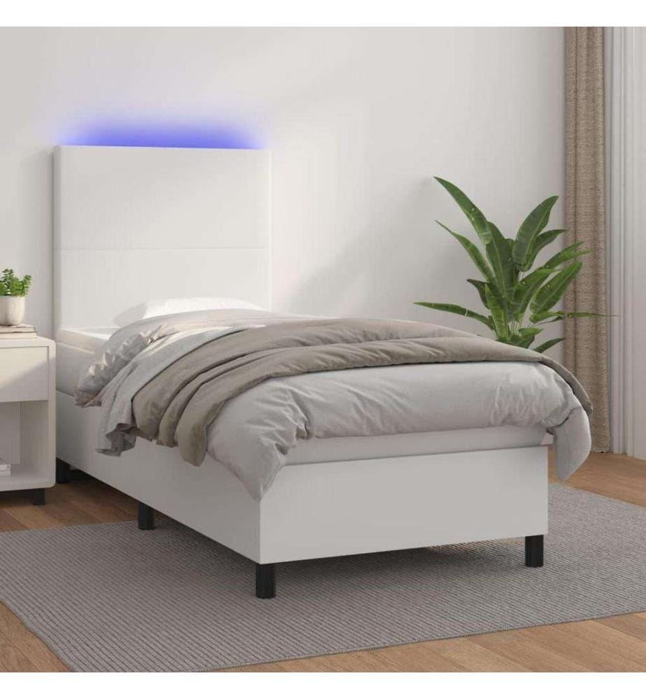 Boxspringbett mit Matratze & LED Weiss 90x200 cm Kunstleder