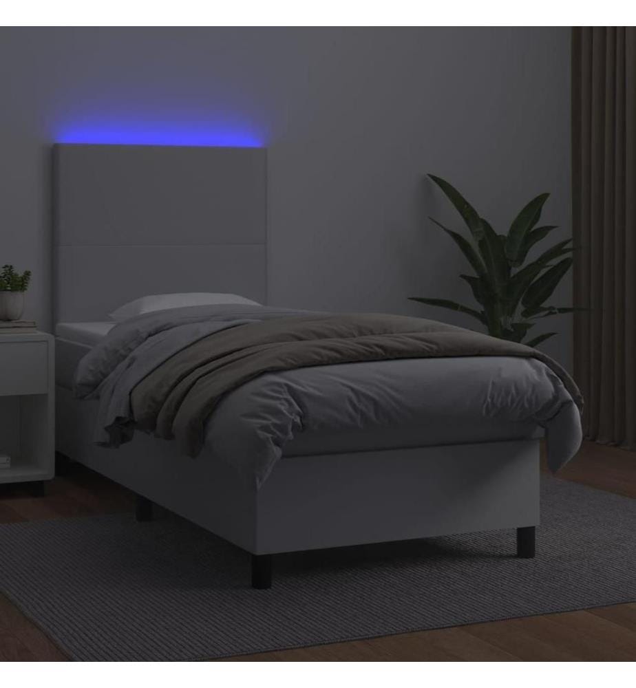 Boxspringbett mit Matratze & LED Weiss 100x200 cm Kunstleder