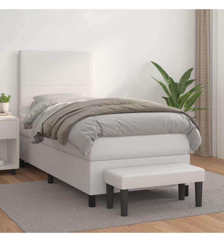 Boxspringbett mit Matratze Weiss 100x200 cm Kunstleder