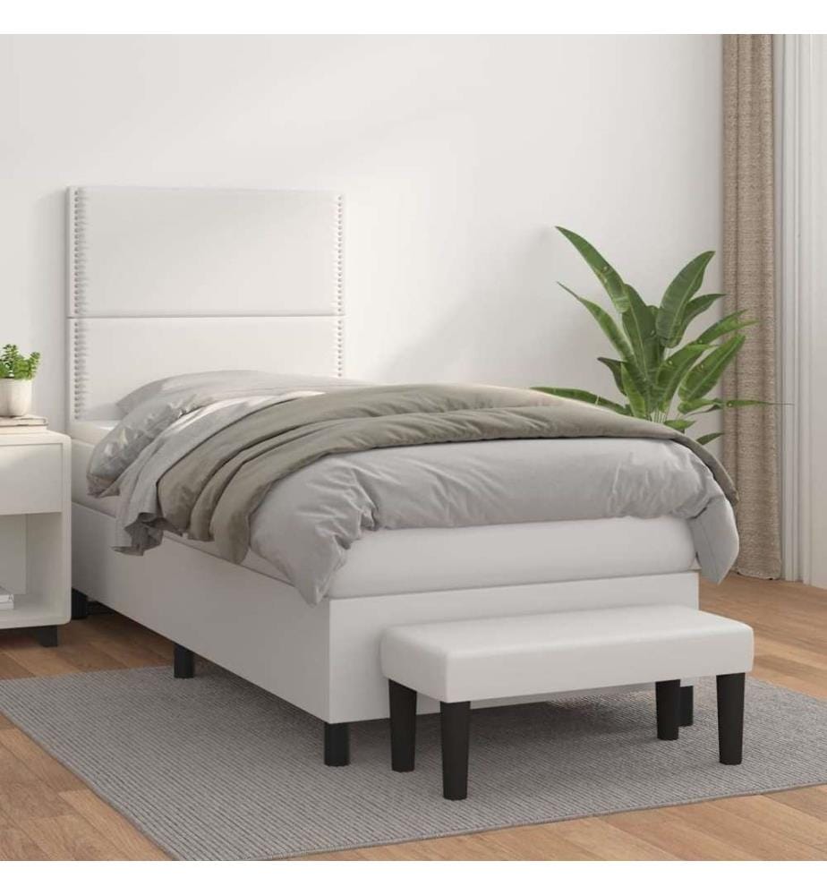 Boxspringbett mit Matratze Weiss 90x200 cm Kunstleder