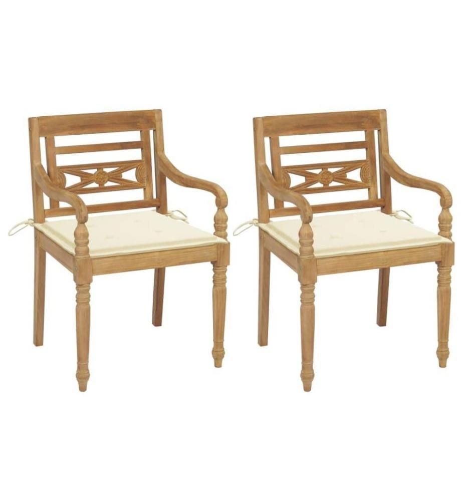 Batavia-Stühle 2 Stk. mit Creme Kissen Teak Massivholz