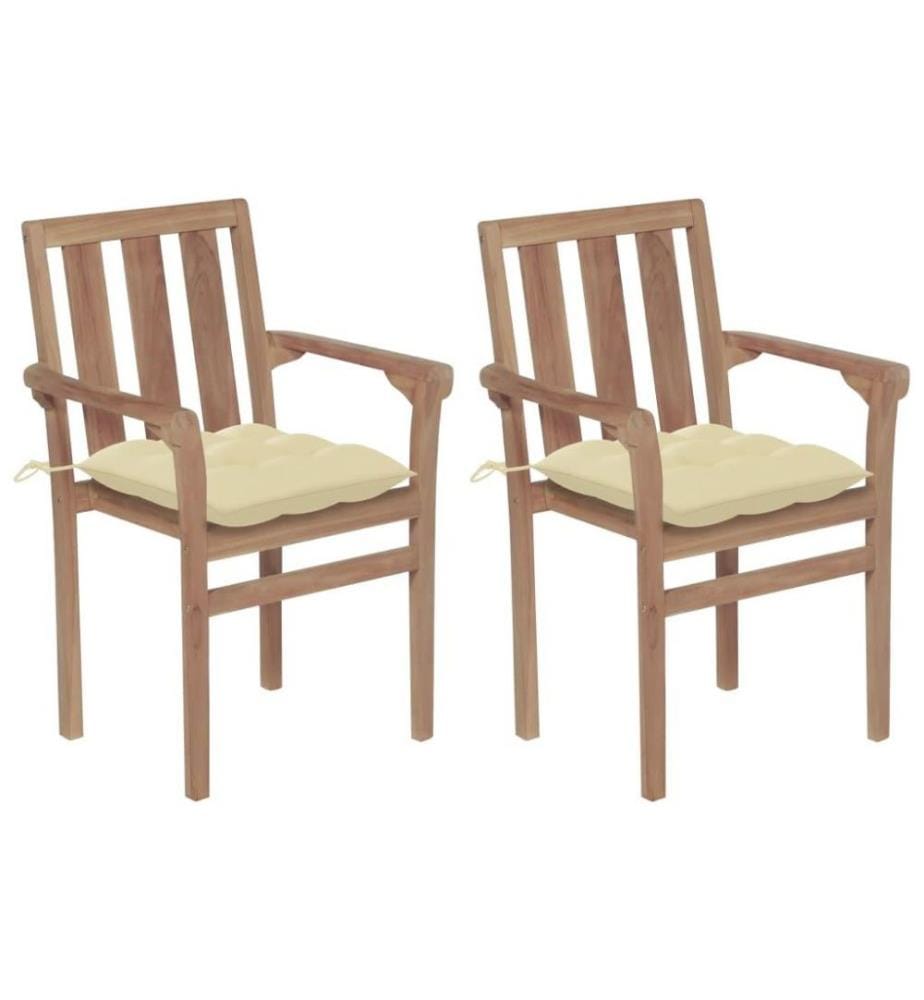 Chaises de jardin 2 pcs avec coussins blanc crème Teck massif