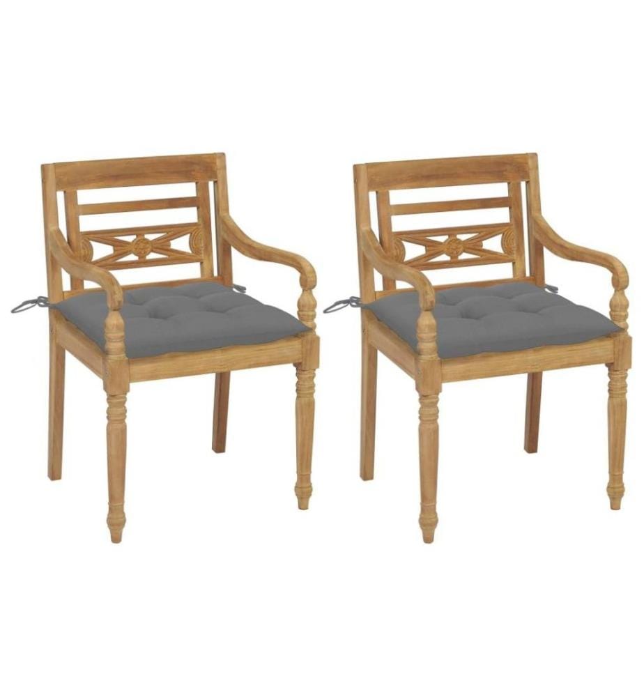 Batavia-Stühle 2 Stk. mit Grauen Kissen Teak Massivholz