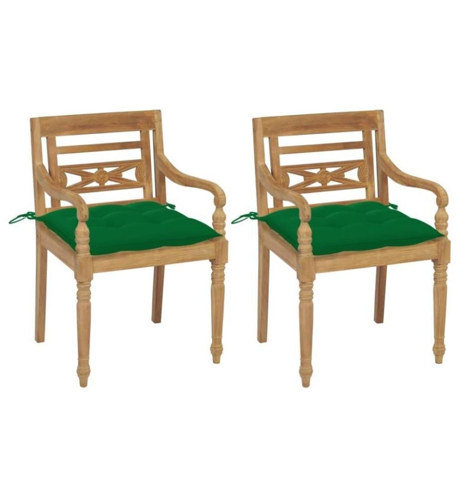 Batavia-Stühle 2 Stk. mit Grünen Kissen Teak Massivholz