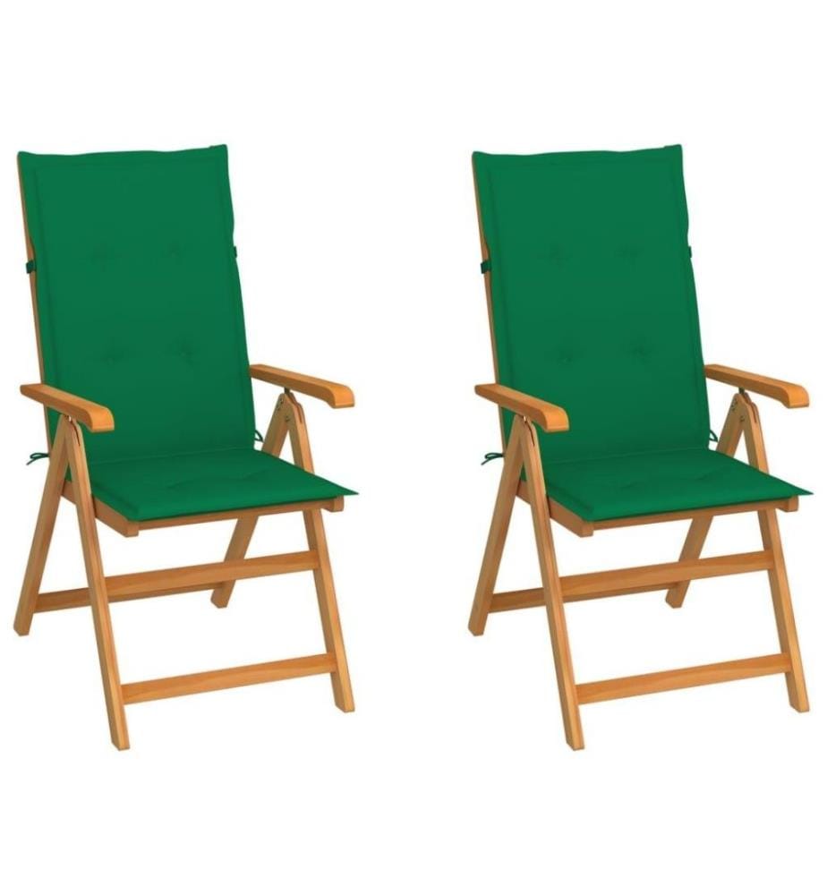 Chaises de jardin 2 pcs avec coussins vert Bois de teck massif