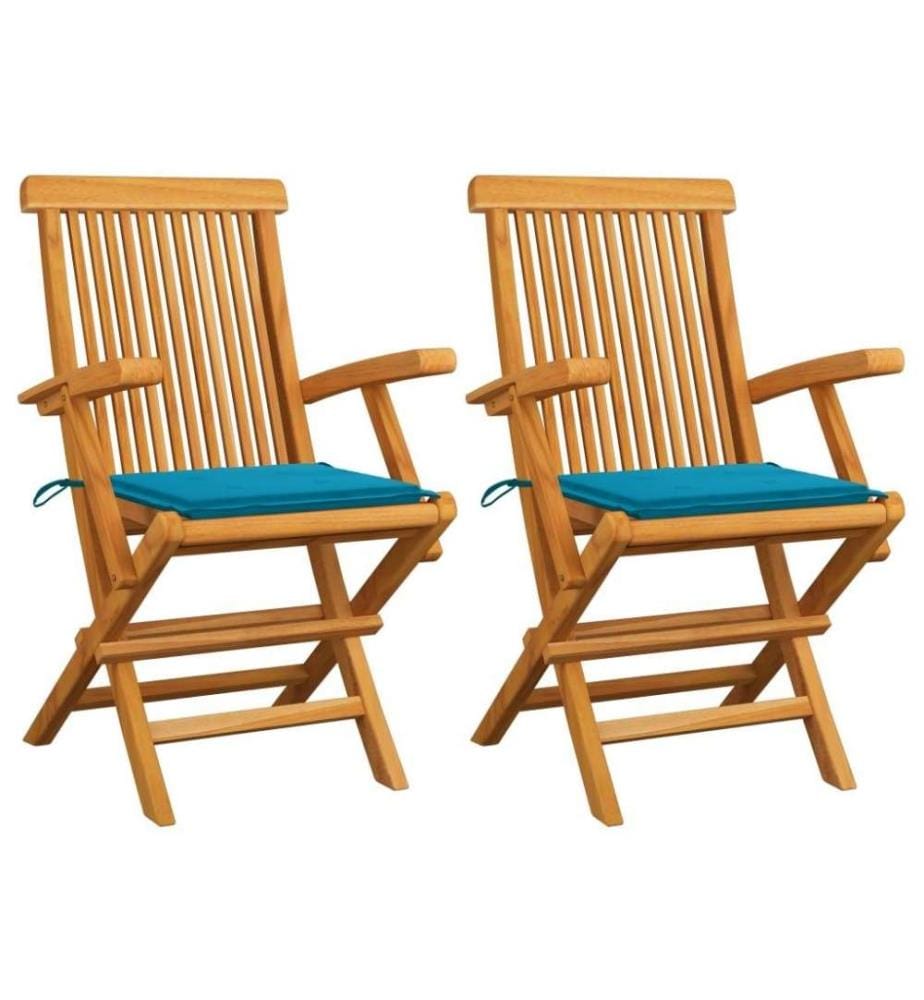 Chaises de jardin avec coussins bleu 2 pcs Bois de teck massif
