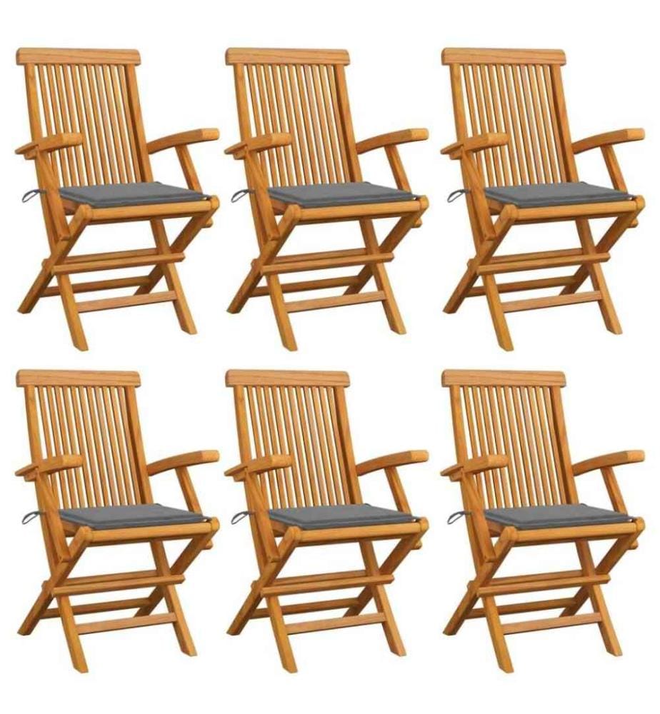 Gartenstühle mit Grauen Kissen 6 Stk. Massivholz Teak