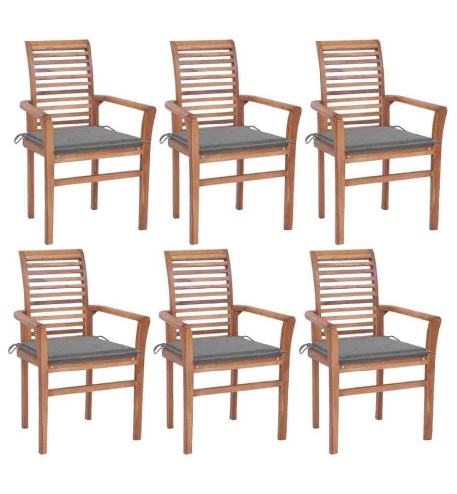 Essstühle 6 Stk. mit Grauen Kissen Massivholz Teak