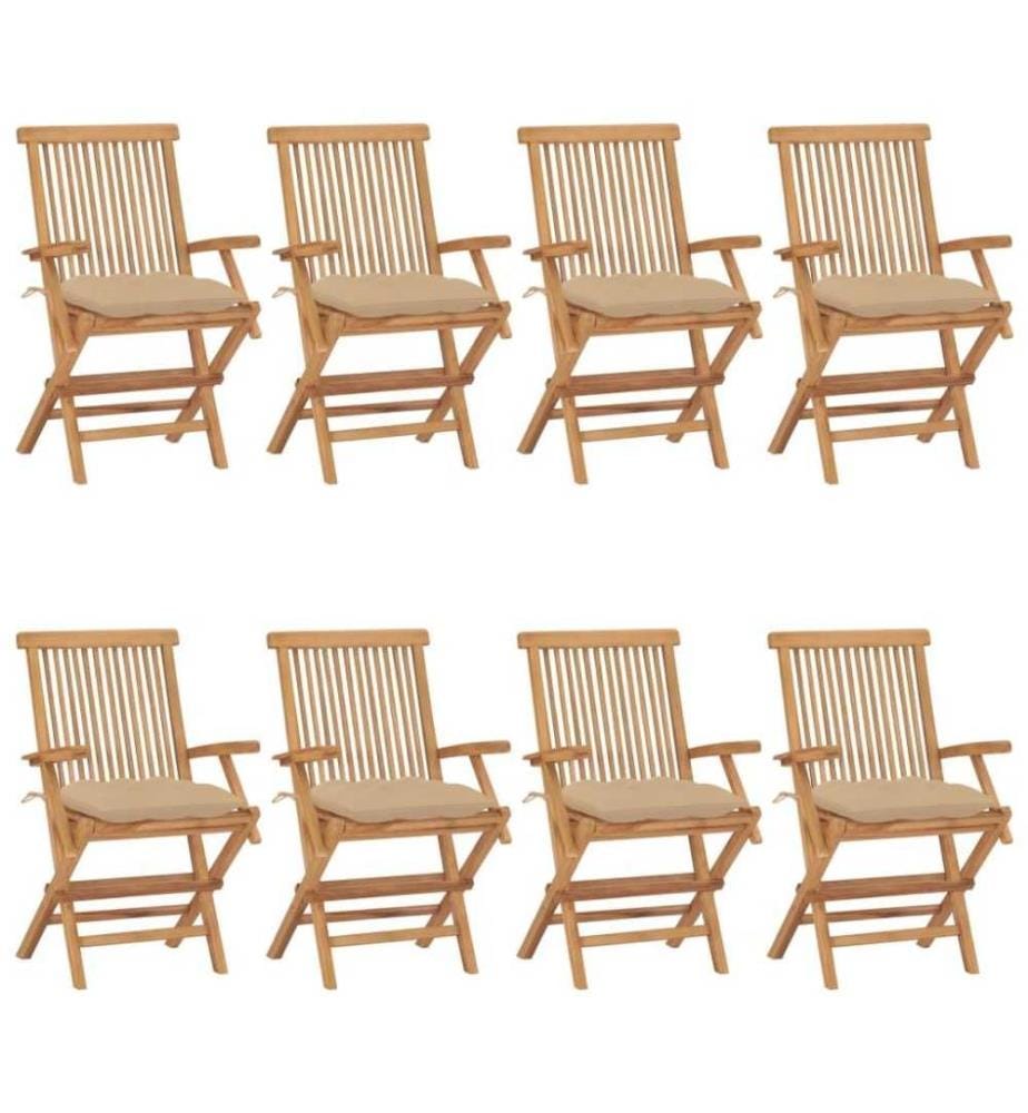 Gartenstühle mit Beigen Kissen 8 Stk. Massivholz Teak