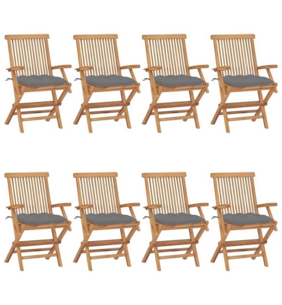 Gartenstühle mit Grauen Kissen 8 Stk. Massivholz Teak