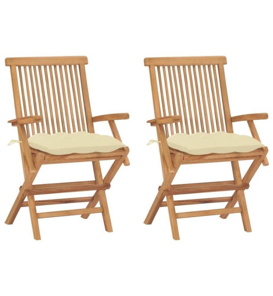 Chaises de jardin 2 pcs avec coussins blanc crème Teck massif