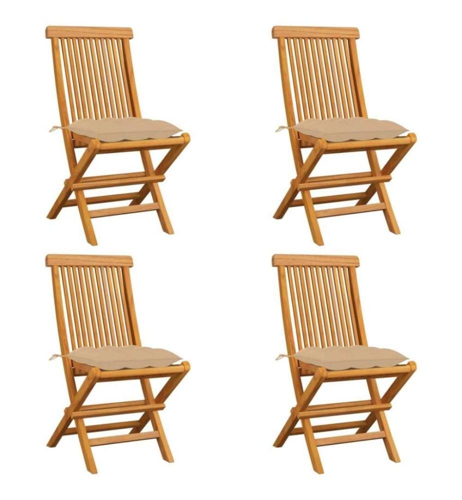 Gartenstühle mit Beige Kissen 4 Stk. Massivholz Teak