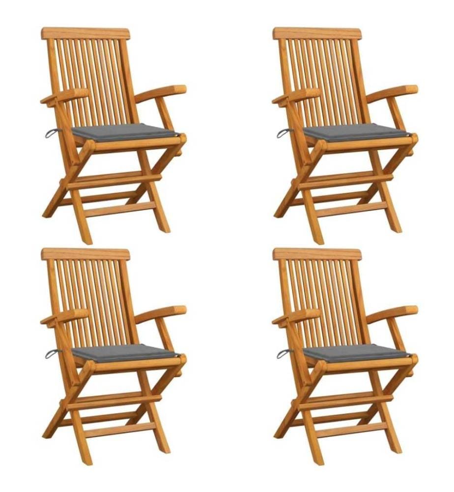 Gartenstühle mit Grauen Kissen 4 Stk. Teak Massivholz