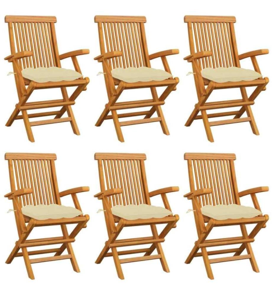 Chaises de jardin avec coussins blanc crème 6 pcs Teck massif