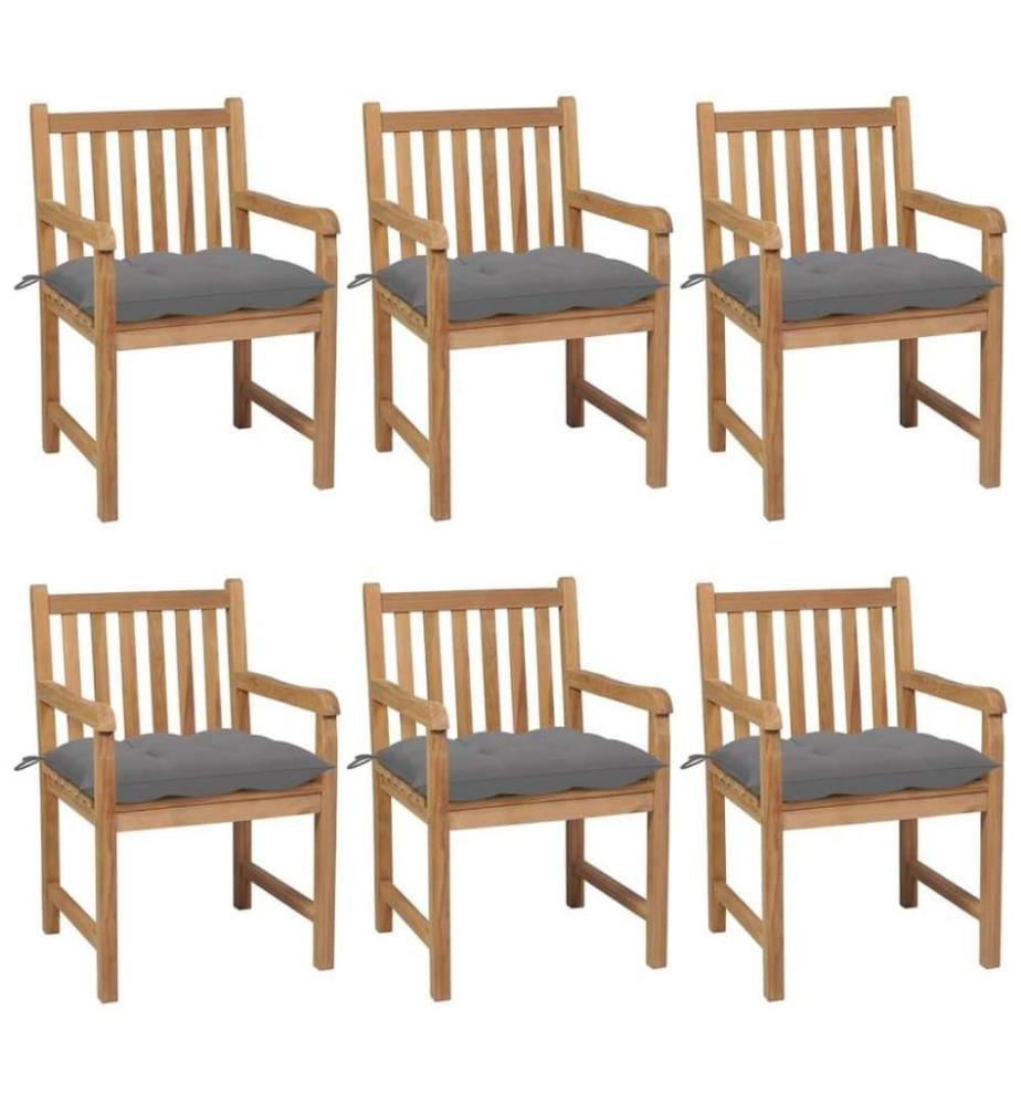 Gartenstühle 6 Stk. mit Grauen Kissen Massivholz Teak