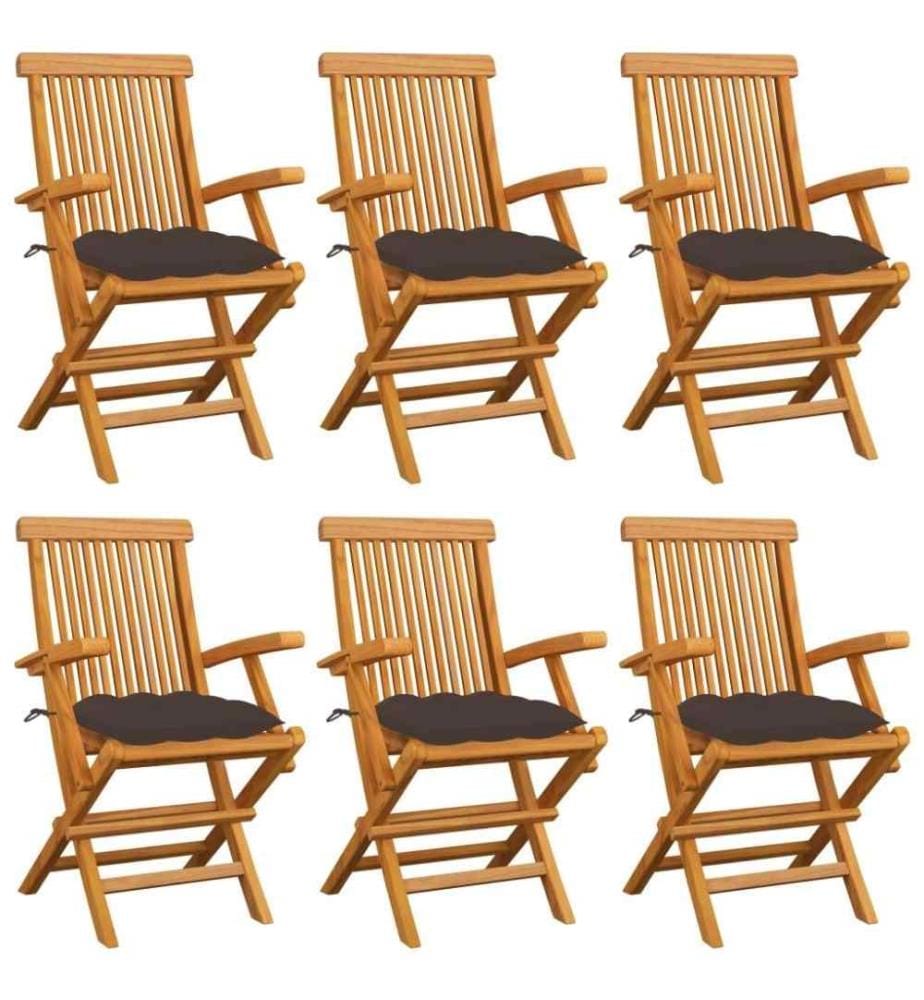 Chaises de jardin avec coussins taupe 6 pcs Bois de teck massif