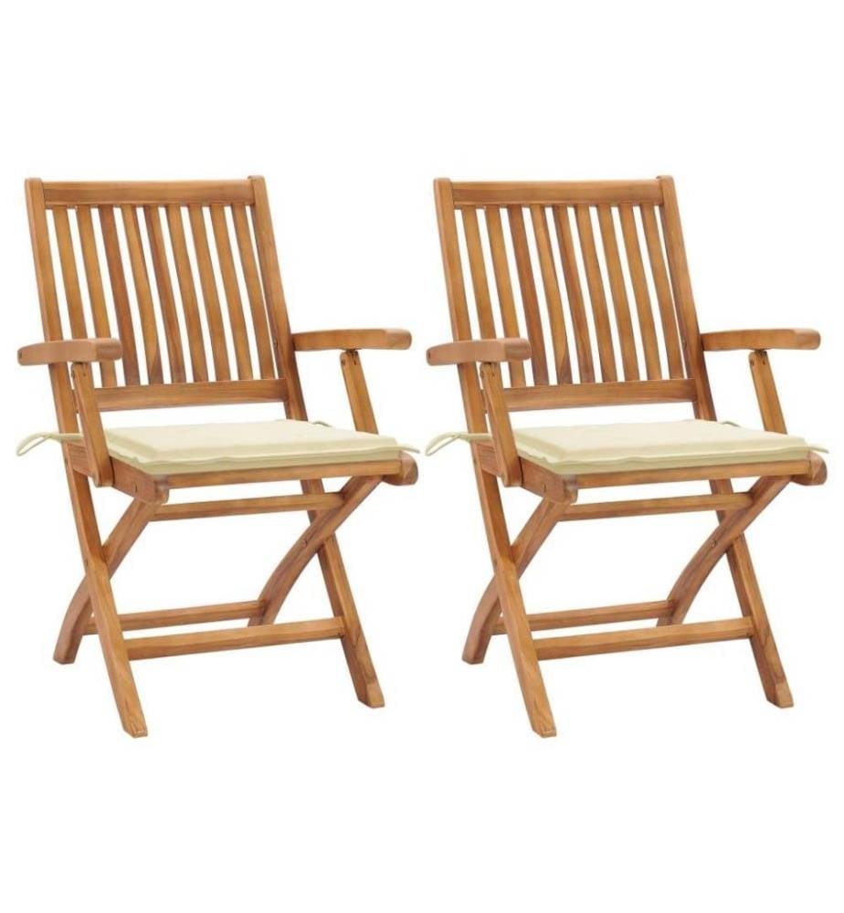 Chaises de jardin 2 pcs avec coussins crème Bois de teck massif