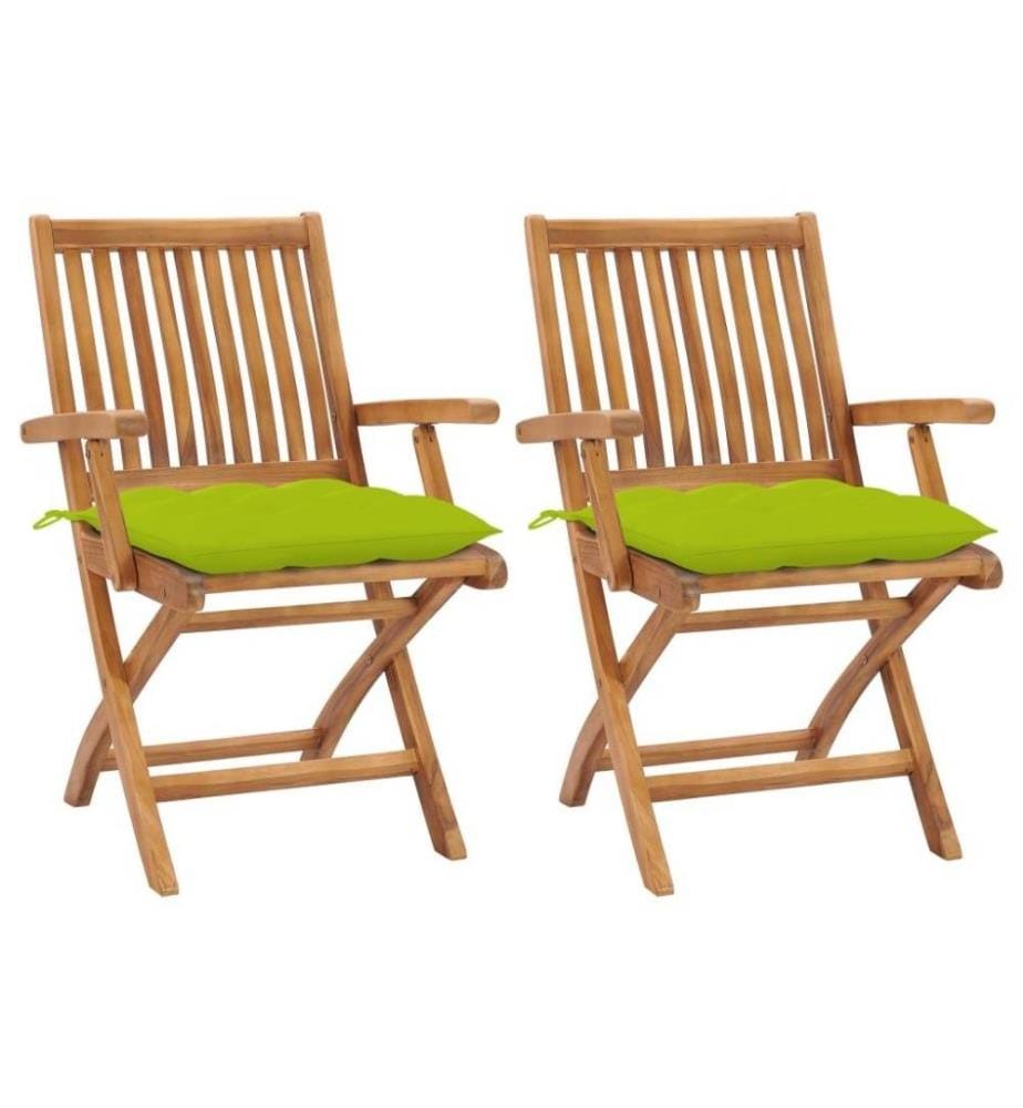 Chaises de jardin 2 pcs avec coussins vert vif Bois de teck