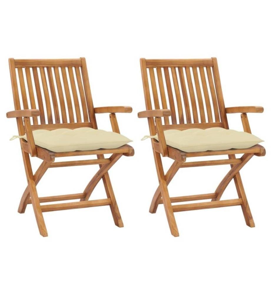 Chaises de jardin 2 pcs avec coussins blanc crème Teck massif