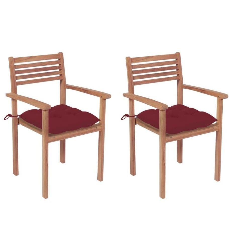 Chaises de jardin 2 pcs avec coussins bordeaux Teck massif