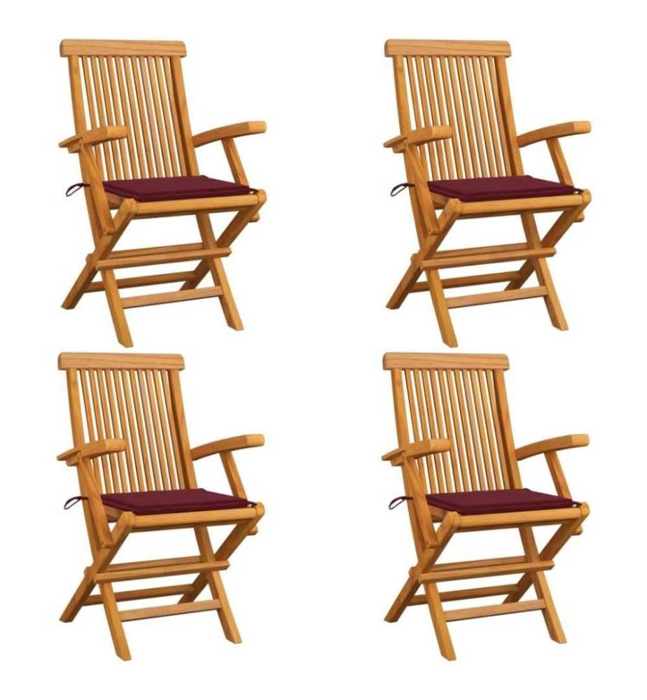 Gartenstühle mit Weinroten Kissen 4 Stk. Massivholz Teak