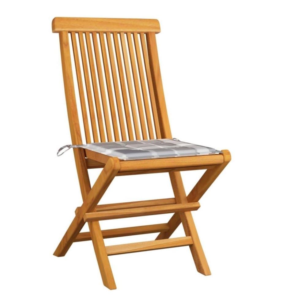 Gartenstühle mit Kissen 6 Stk. Grau Karomuster Massivholz Teak