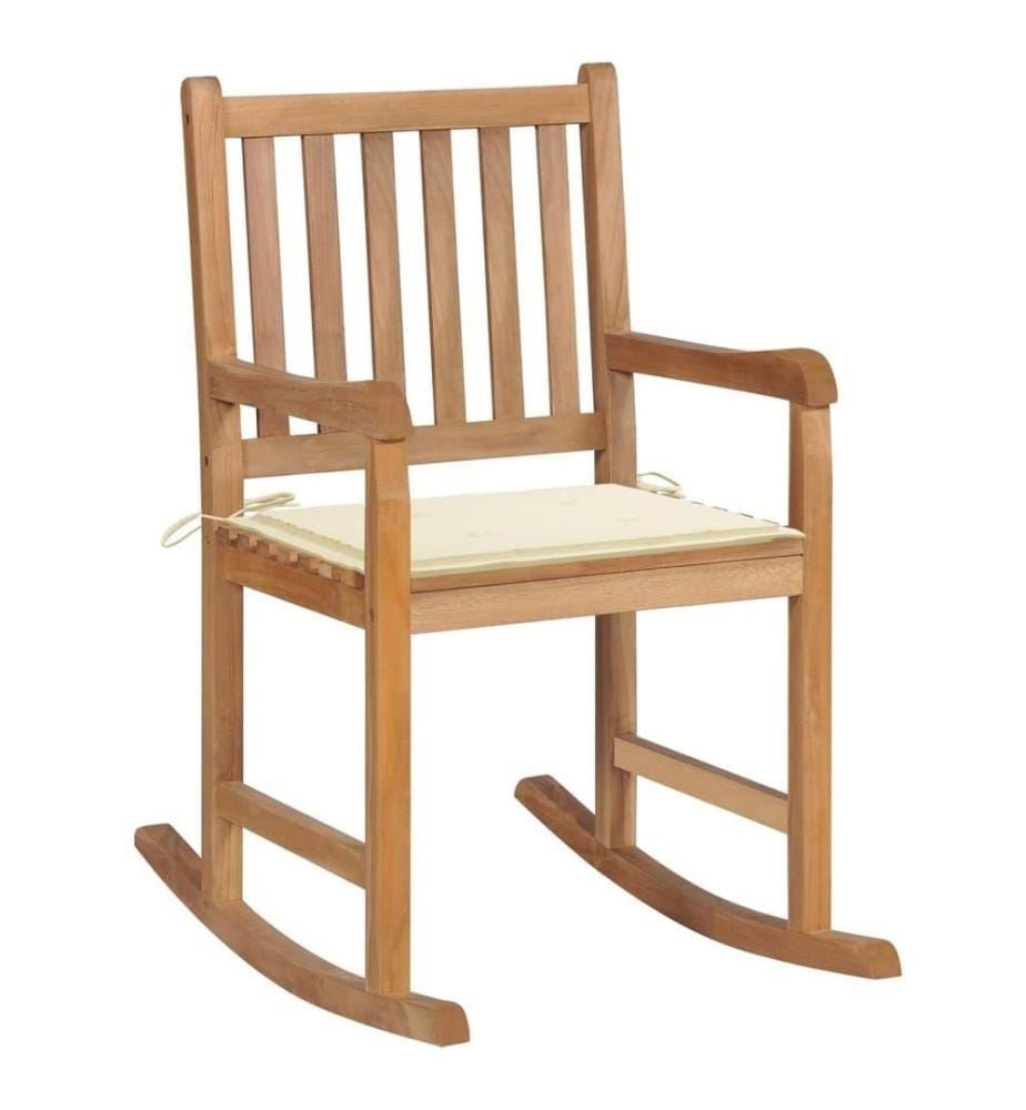Schaukelstuhl mit Cremeweissem Kissen Massivholz Teak
