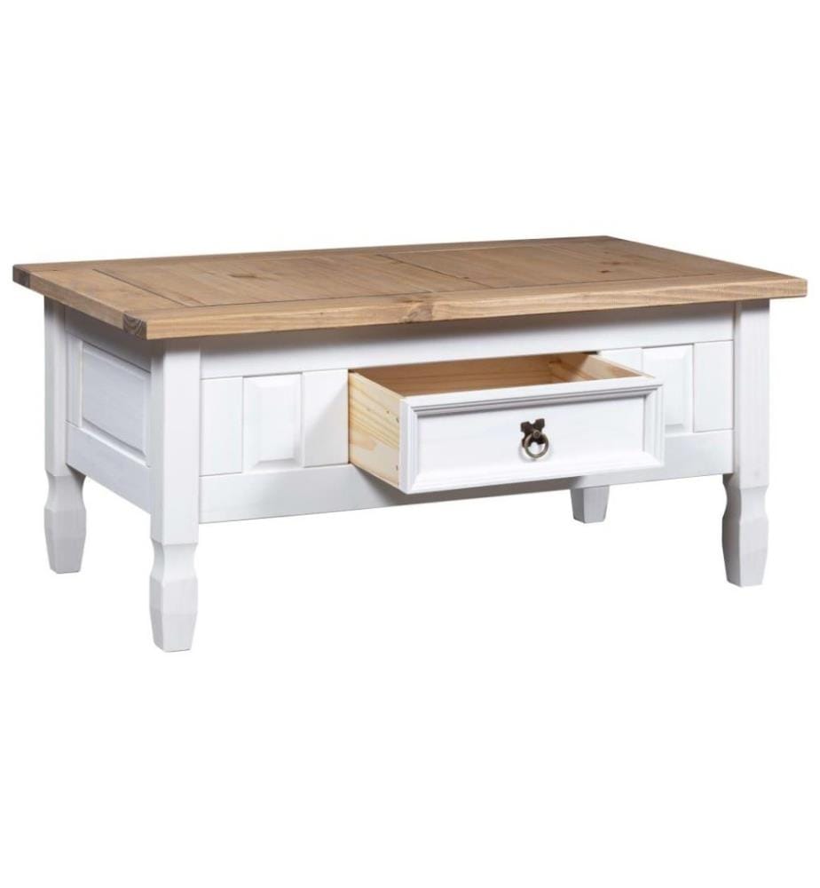 Couchtisch Mexiko-Stil Kiefernholz Weiss 100x60x45 cm