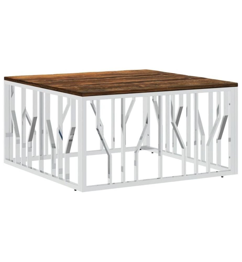 Table basse argenté acier inoxydable/bois massif récupération