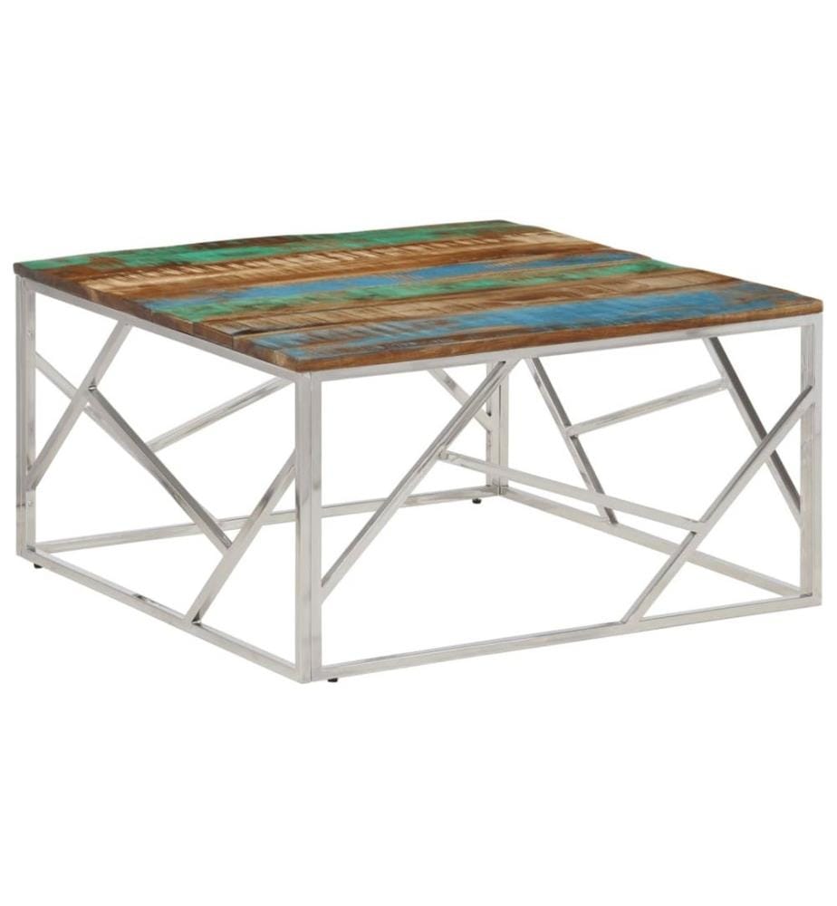Table basse argenté inox et bois de récupération massif