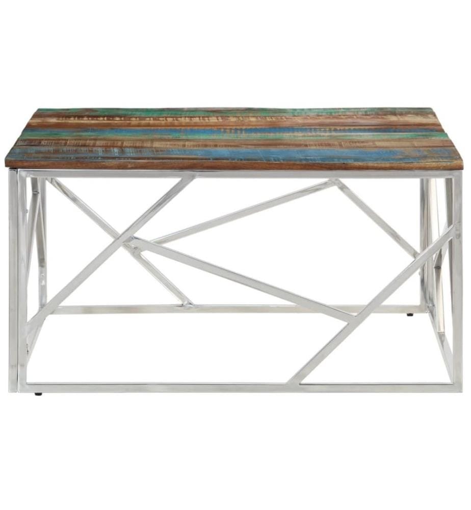 Table basse argenté inox et bois de récupération massif