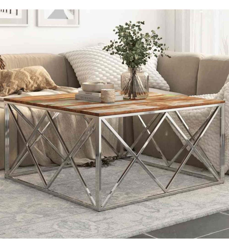 Table basse argenté inox et bois de récupération massif