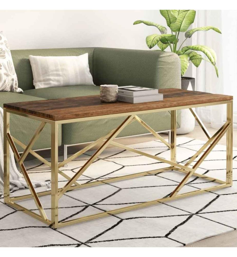 Couchtisch Golden Edelstahl und Massivholz