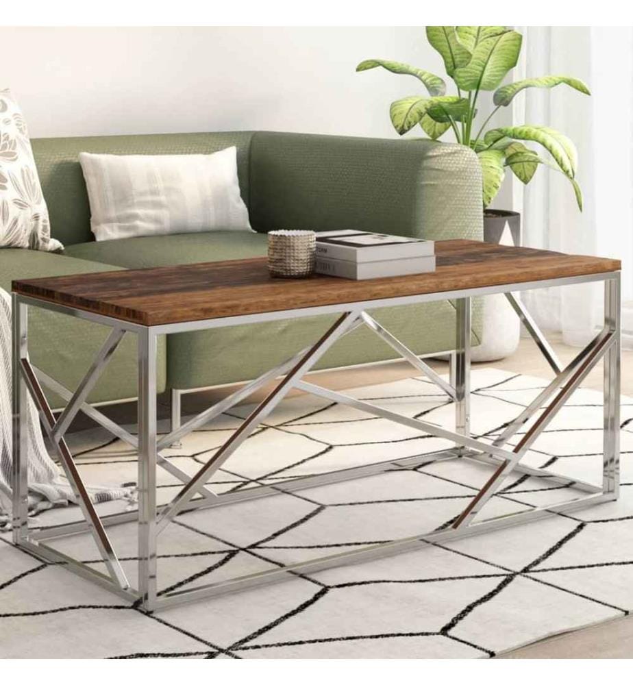 Table basse argenté inox et bois de mélèze massif