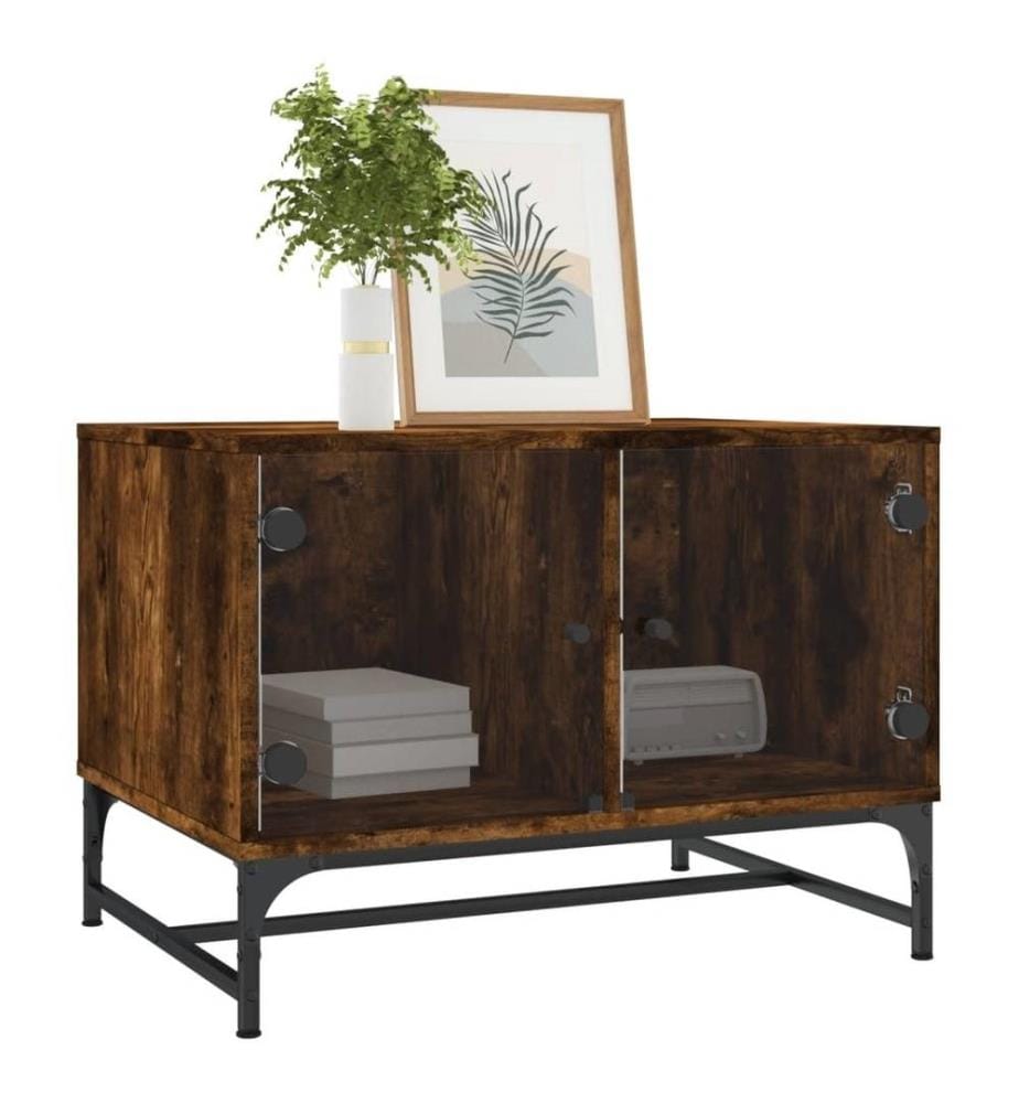 Table basse avec portes en verre chêne fumé 68,5x50x50 cm
